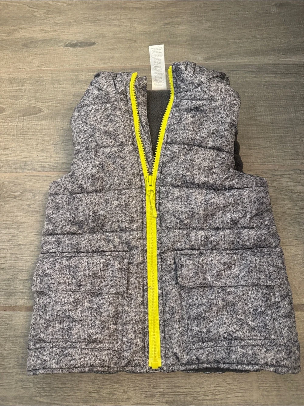 Little Me Gray Hooded Puffer Vest with Yellow Zipper